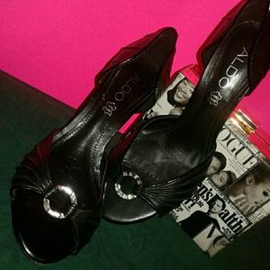 👠SZ 38 ALDO LEATHER SHOE SLIP IN HEEL USED SHOE